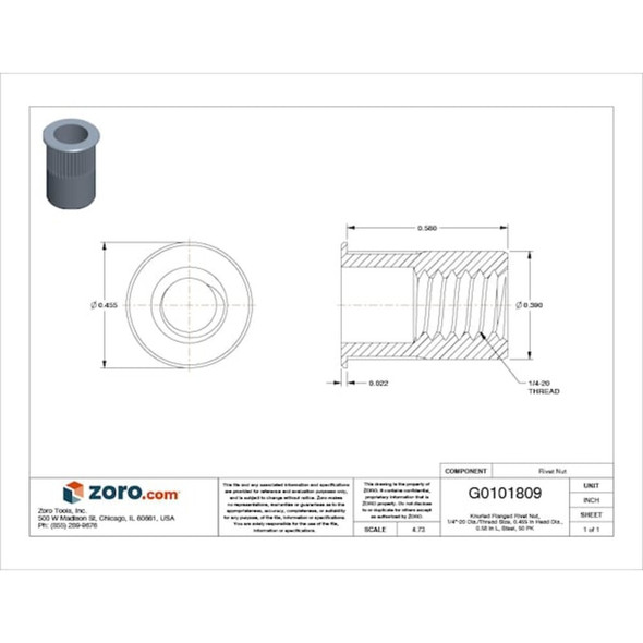 Rivet Nut, 1-4"-20 Thread Size, 0.455 in Flange Dia., 0.58 in L, Steel, 50 PK  CAK2-2520-165-50