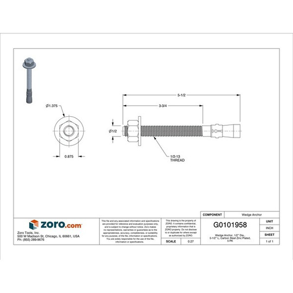 Wedge Anchor, 1/2" Dia., 5-1/2" L, Carbon Steel Zinc Plated, 5 PK