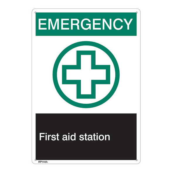 ANSI Z535 Rigid Plastic "Emergency First Aid…" Sign, 1/Each