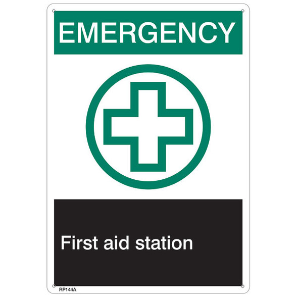 ANSI Z535 Rigid Plastic "Emergency First Aid…" Sign, 1/Each ANSI Z535 Rigid Plastic "Emergency First Aid…" Sign, 1/Each