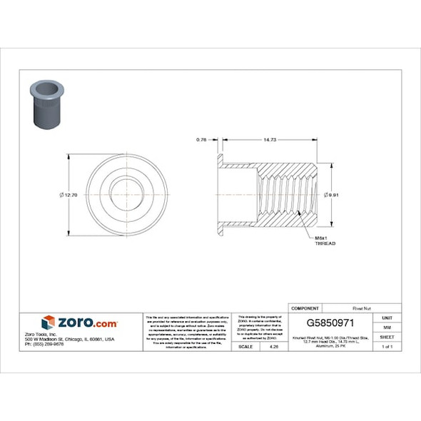 Avk Rivet Nut, M6-1.00 Thread Size, 120.7 mm Flange Dia., 14.73 mm L, Aluminum, 25 PK ALA1-610-4.2