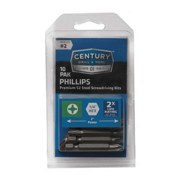 Century Drill & Tool Phillips Power Screwdriver Bit,2,10Pk 68510