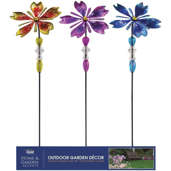 Alpine 37 In. H. Colorful Glass Flower & Gem Wind Spinner Stake Pack of 9