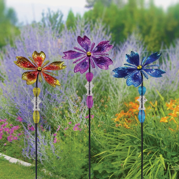 Alpine 37 In. H. Colorful Glass Flower & Gem Wind Spinner Stake Pack of 9 LJJ1020A 828681