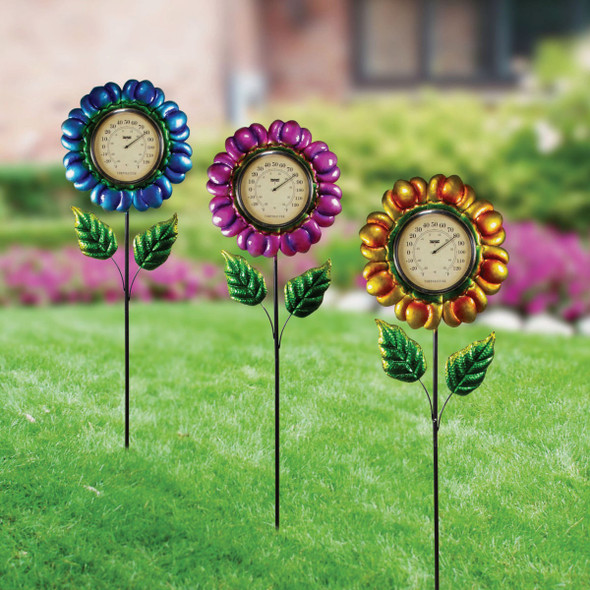 Alpine 42 In. H. Metallic Flower Thermometer Stake LJJ1180 Pack of 12 835504
