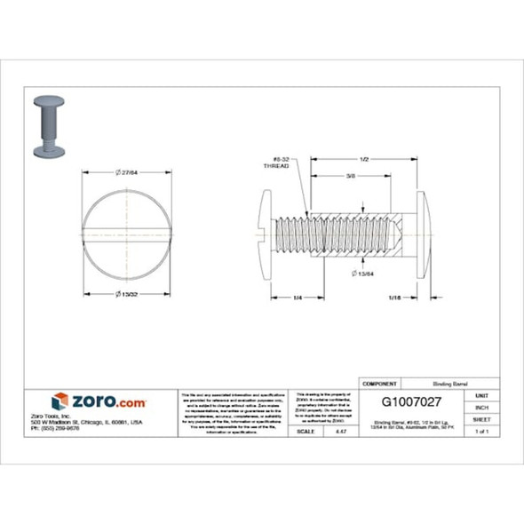 Binding Barrel, #8-32, 1-2 in Brl Lg, 13-64 in Brl Dia, Aluminum Plain, 50 PK  Z4308PAK
