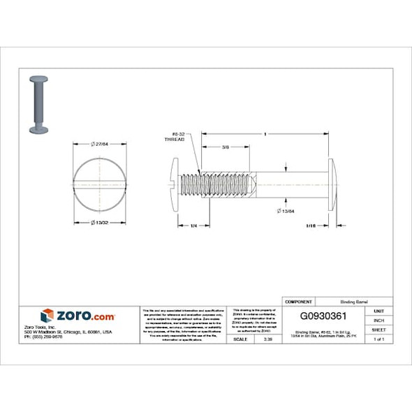 Binding Barrel, #8-32, 1 in Brl Lg, 13/64 in Brl Dia, Aluminum Plain, 25 PK