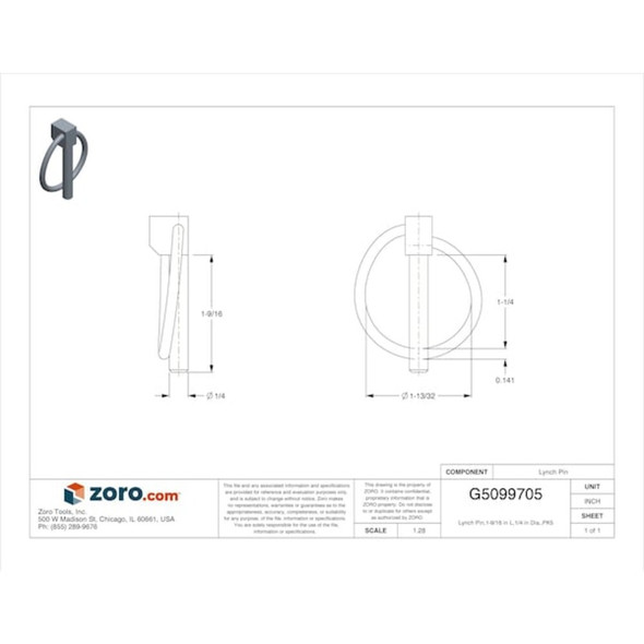 Lynch Pin, 1-4 in Dia, 1-9-16 in L, 1-1-4 in Usable Lg, Steel, 5 PK  WWG-LPCZ-250-1250