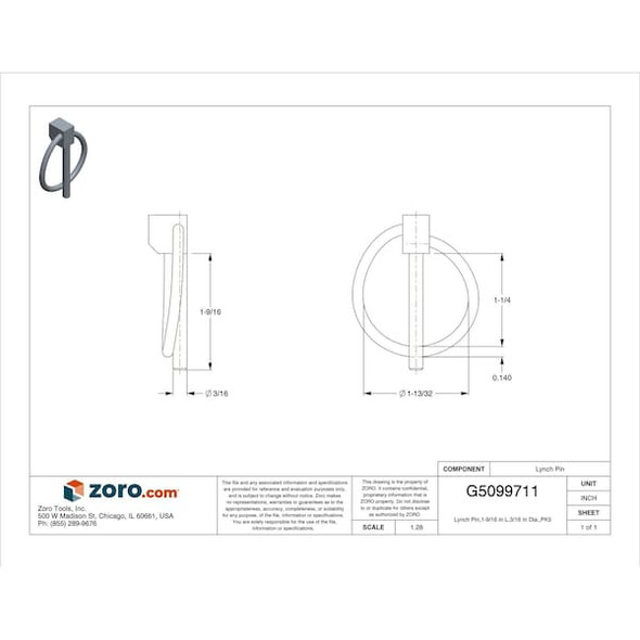 Itw Bee Leitzke Lynch Pin,1-9/16 in L,3/16 in Dia.,PK5 WWG-LPCZ-187-1250