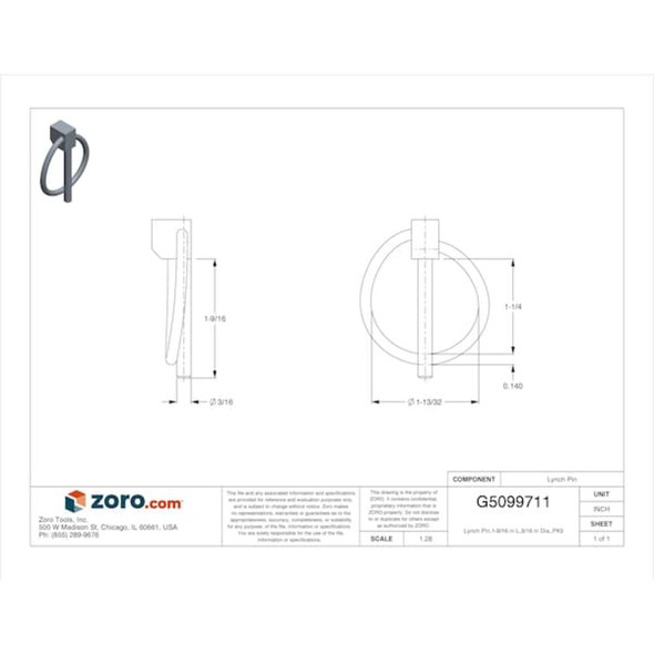 Lynch Pin, 3-16 in Dia, 1-9-16 in L, 1-1-4 in Usable Lg, Steel, 5 PK  WWG-LPCZ-187-1250