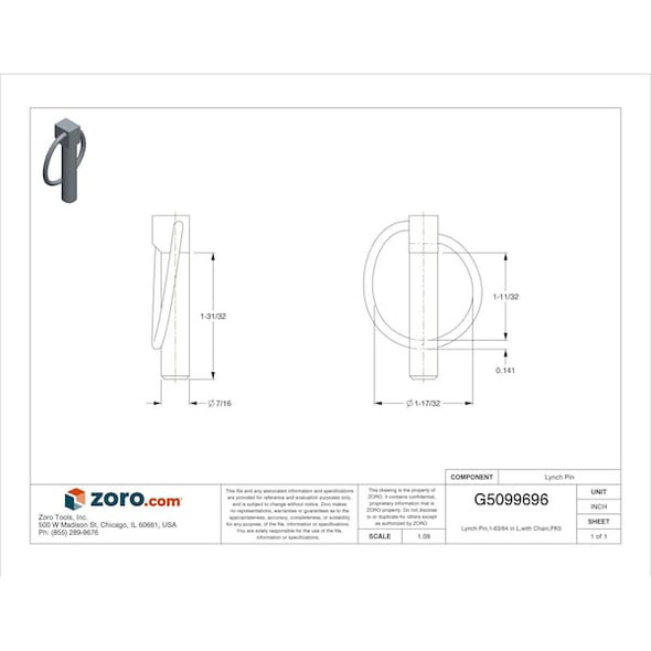 No Brand Name Assigned Lynch Pin,1-63/64 in L,with Chain,PK5 WWG-LPCZ-437-1343A