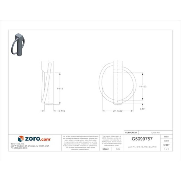 Lynch Pin, 7-16 in Dia, 1-9-16 in L, 1-11-32 in Usable Lg, Steel, 10 PK  WWG-LPZ-437-1343