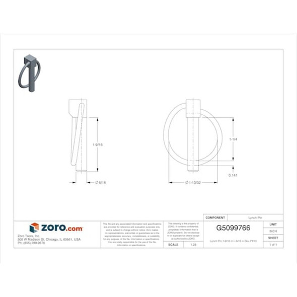 Lynch Pin, 5-16 in Dia, 1-1-4 in Usable Lg, 1-9-16 in L, Steel, 10 PK  WWG-LPZ-312-1250