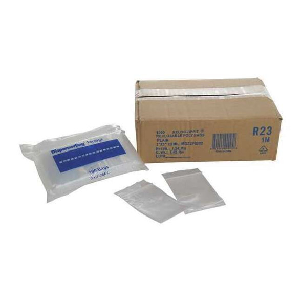 Reclosable Bag, Zip Seal, 3 in L, 2 in W, 2 mil Thick, Polyethylene, Clear