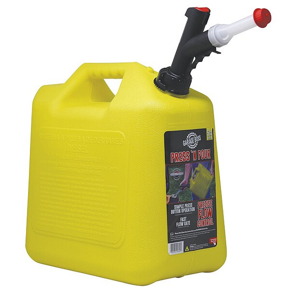 Gas Can, Plastic, 5 gal, Press 'N Pour(R) Spout, Self-Venting, Yellow, Diesel