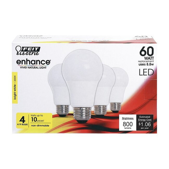Feit Electric LED,8.8 W,A19,Medium Screw (E26),PK4 OM60/930CA10K/4