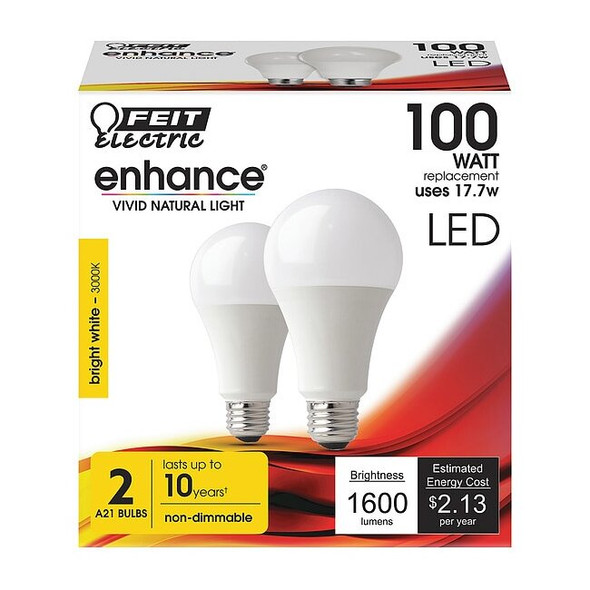 Feit Electric LED,16.5 W,A19,Medium Screw (E26),PK2 OM100/930CA10K/2