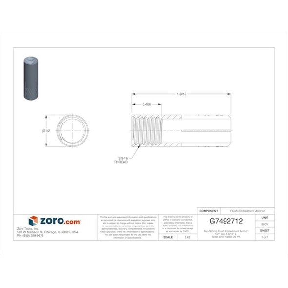 Sup-R-Drop Flush Embedment Anchor, 1-2" Dia, 1-9-16" L, Steel Zinc Plated, 25 PK  1338000