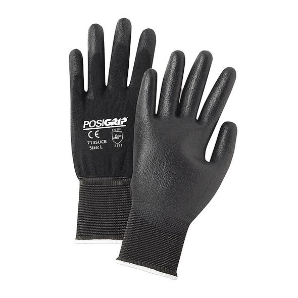 Coated Gloves, Polyurethane, Smooth, Palm, 3 Abrasion Level, Black, XS 12 PK