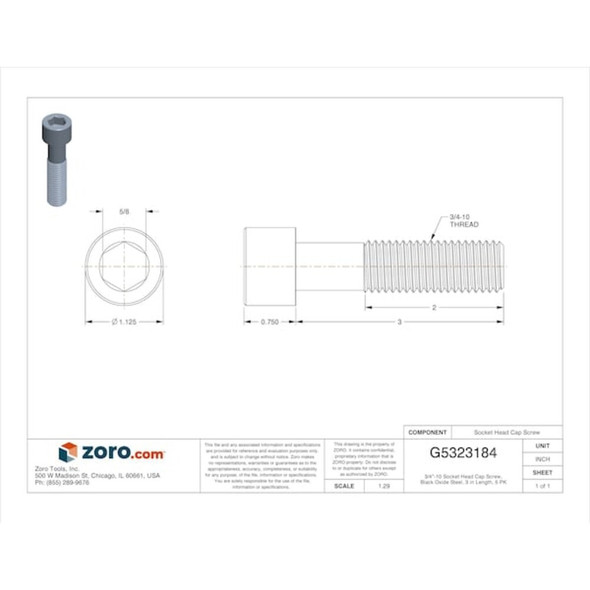 3/4"-10 Socket Head Cap Screw, Socket, Black Oxide Steel, 3 in Length, 5 PK