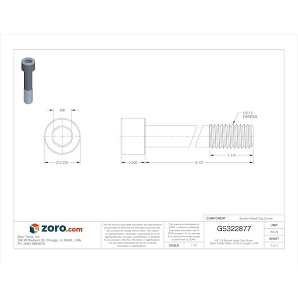 1-2"-13 Socket Head Cap Screw, Socket, Black Oxide Steel, 3-1-2 in Length, 5 PK  U07000.050.0350