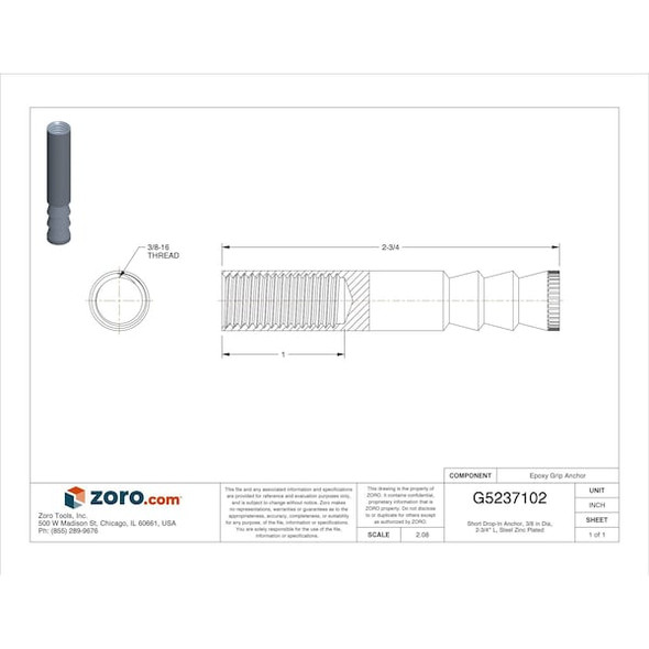 Mkt Fastening Epoxy Grip Anchr,Steel,3/8-16,3" L 303830I Mkt Fastening Epoxy Grip Anchr,Steel,3/8-16,3" L 303830I