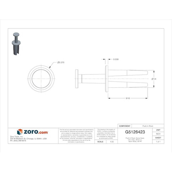 Manufacturer Varies Push-In Rivet, Dome Head, 1/4 in Dia., 9/16 in L, Nylon Body, 50 PK 5675PK