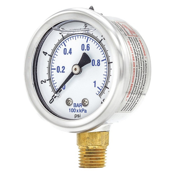 Industrial Pressure Gauge, 0 to 15 psi, 2 in Dial, 1-4 in NPT, Bottom Location  201L-204B