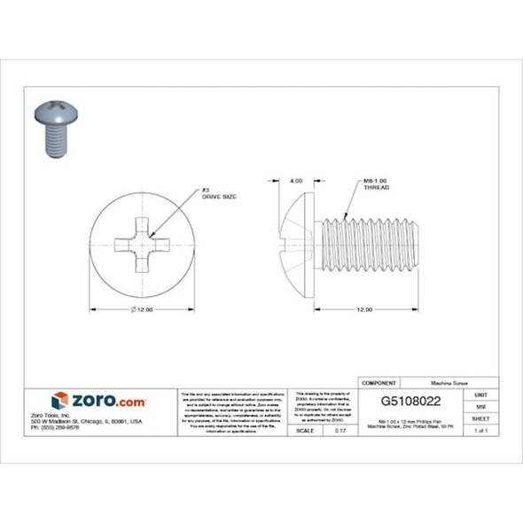 M6-1.00 x 12 mm Phillips Pan Machine Screw, Zinc Plated Steel, 50 PK  1851PK