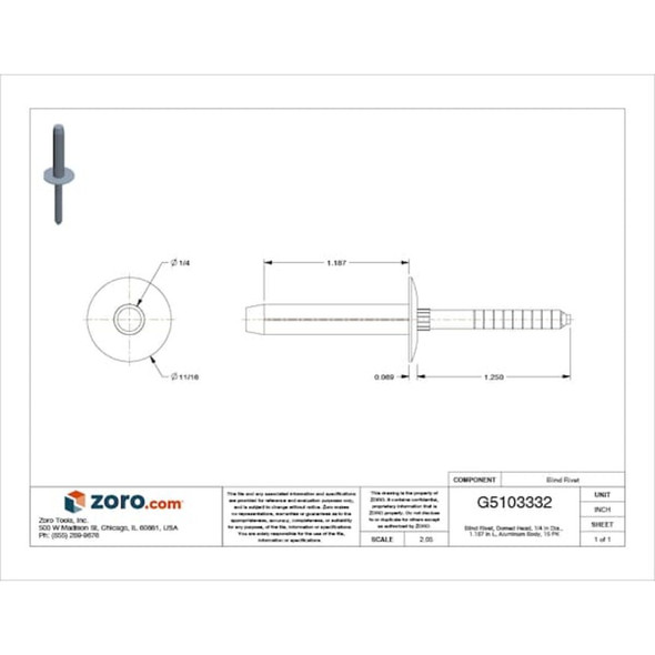 Blind Rivet, Dome Head, 1-4 in Dia., 1-3-16 in L, Aluminum Body, 15 PK  1951PK