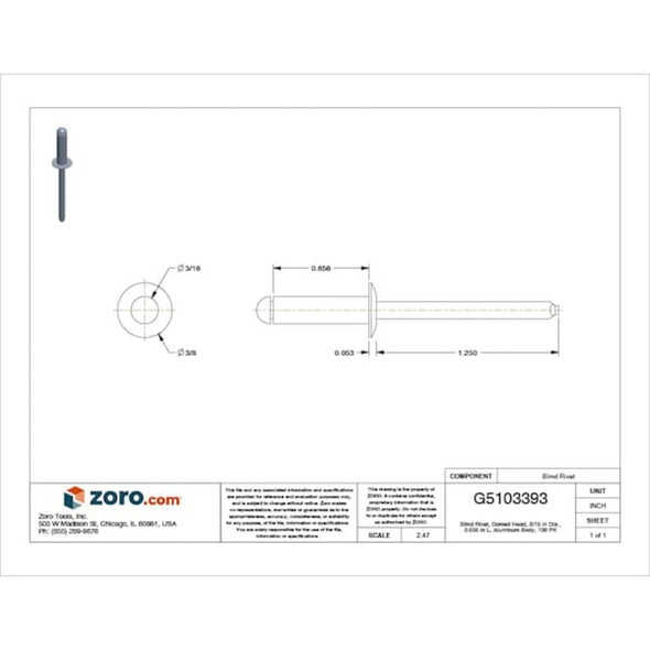 Blind Rivet, Dome Head, 3-16 in Dia., 21-32 in L, Aluminum Body, 100 PK  1902PK