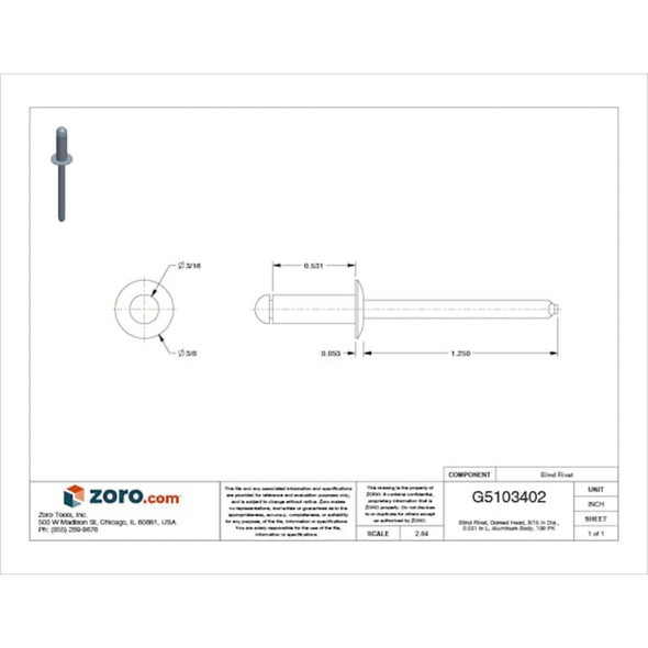 Blind Rivet, Dome Head, 3-16 in Dia., 17-32 in L, Aluminum Body, 100 PK  1901PK