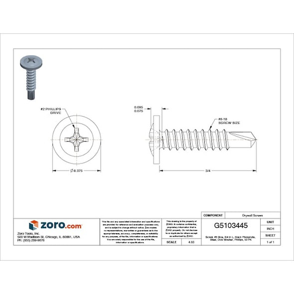 Manufacturer Varies Drywall Screw, 3/4 in, Black Phosphate Steel, 50 PK 6265PK