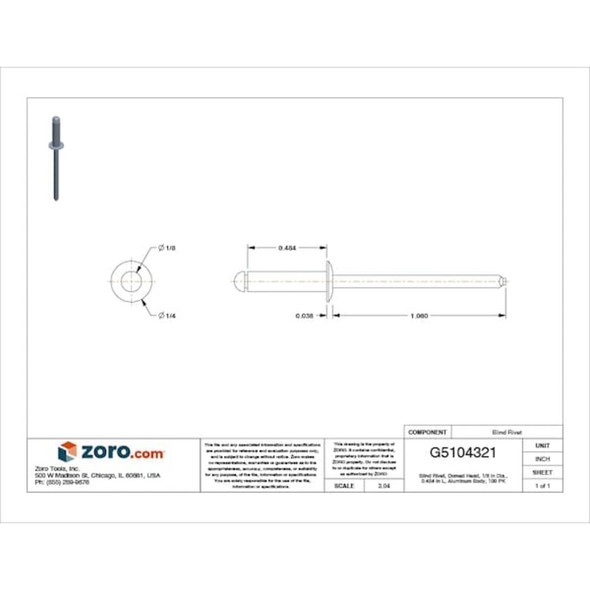 Blind Rivet, Dome Head, 1-8 in Dia., 31-64 in L, Aluminum Body, 100 PK  1890PK