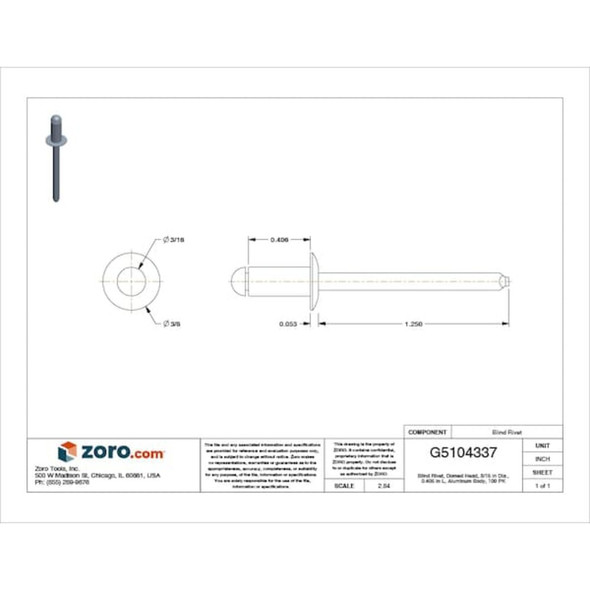 Blind Rivet, Dome Head, 3-16 in Dia., 13-32 in L, Aluminum Body, 100 PK  1900PK