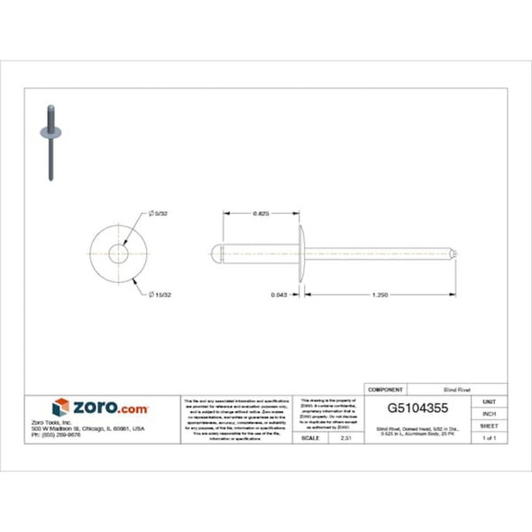Blind Rivet, Dome Head, 5-32 in Dia., 5-8 in L, Aluminum Body, 25 PK  9277PK