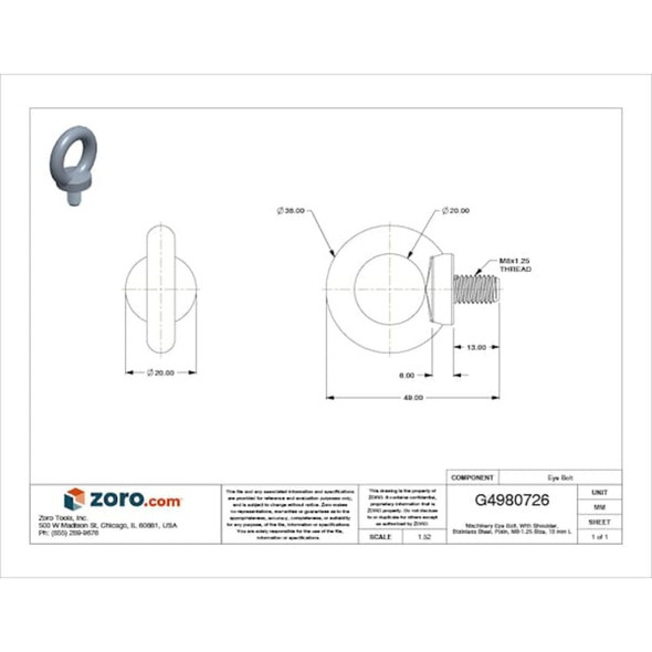 Eye Bolt With Shoulder, M8-1.25, 13 mm Shank, 20 mm ID, Steel, Plain  M51940.080.0001