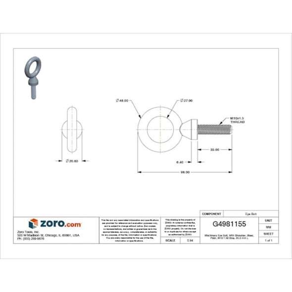 Eye Bolt With Shoulder, M10-1.50, 35 mm Shank, 27 mm ID, Steel, Plain  M16001.100.0001