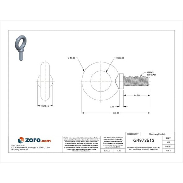 Eye Bolt With Shoulder, M16-2.00, 44.8 mm Shank, 35 mm ID, Steel, Plain  M16001.160.0001