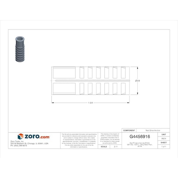 Mkt Fastening Sup-R Lag Long Lag Shield, 5/8" Dia, 1-3/4" L, Alloy Steel Plain, 25 PK 3306000