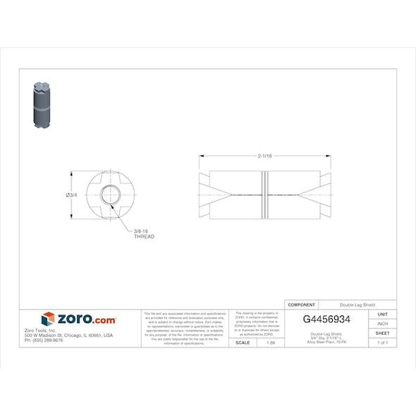 Mkt Fastening Double Lag Shield, 3/4" Dia, 2-1/16" L, Alloy Steel Plain, 10 PK 6206000