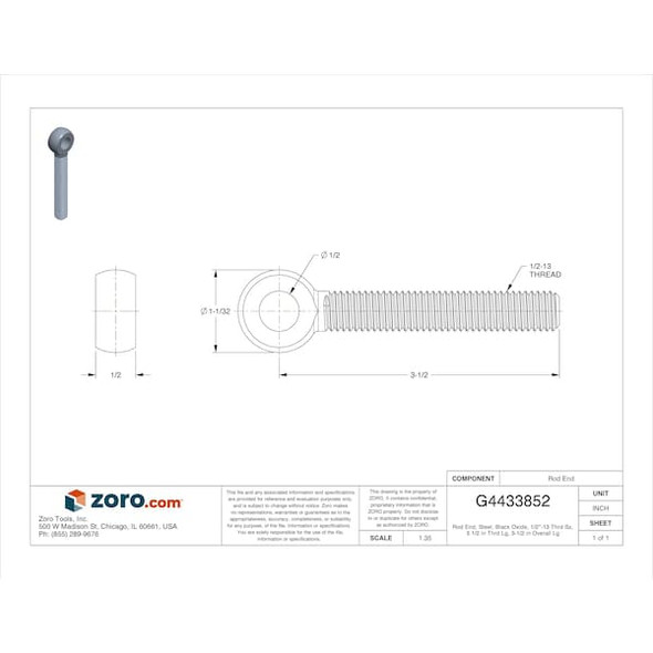 Rod End, Steel, Black Oxide, 1/2"-13 Thrd Sz, 3 1/2 in Thrd Lg, 3-1/2 in Overall Lg