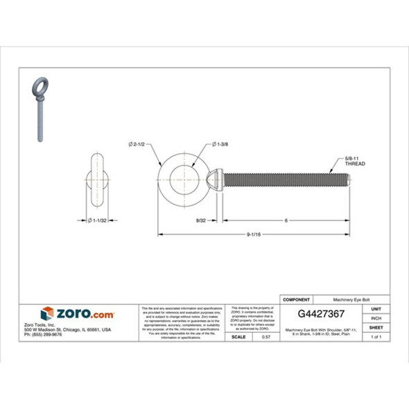 Eye Bolt With Shoulder, 5-8"-11, 6 in Shank, 1-3-8 in ID, Steel, Plain  K2027-6
