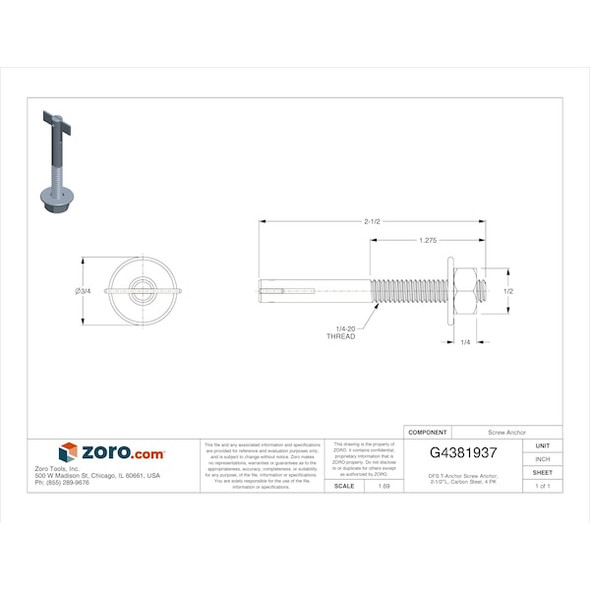 Manufacturer Varies DFS T-Anchor Screw Anchor, 2-1/2"L, Carbon Steel, 4 PK GCPT14212
