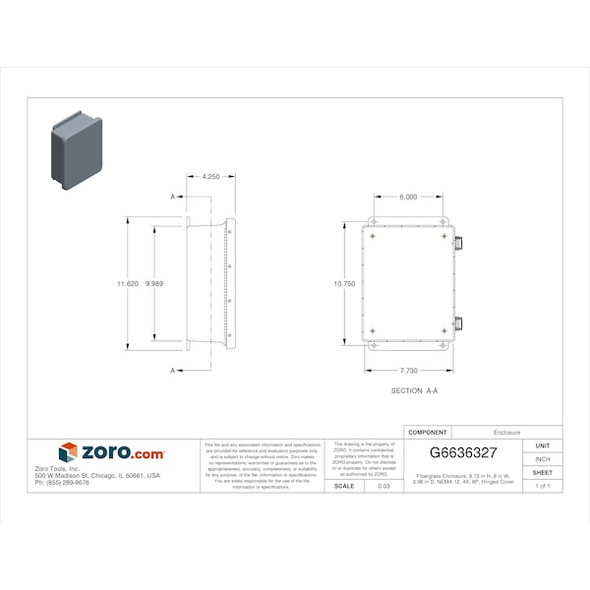 Padlockable Hasp Electrical Enclosures, 9.73 in H, 3.98 in D, 8 in W, 1, 12, 3R, 4X, 6P, Fiberglass