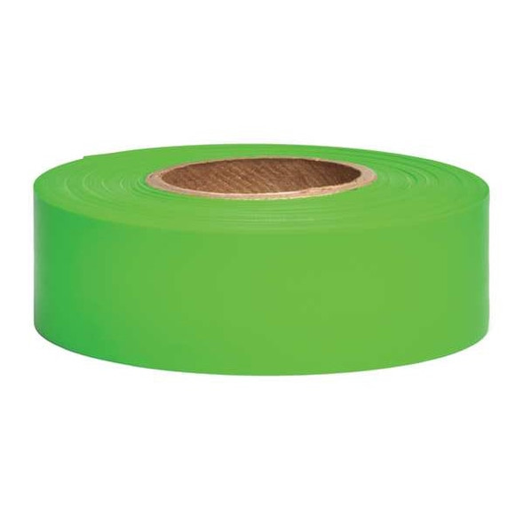 Flagging Tape, No Legend, Fluorescent Green, 1 3/16 in Wide x 150 ft Length, Vinyl, 4.5 mil