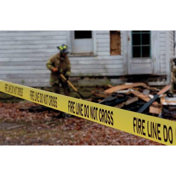 Barricade Tape, Fire Line Do Not Cross, Yellow, 3 in Wide x 1,000 ft Length, Polyethylene, 4 mil