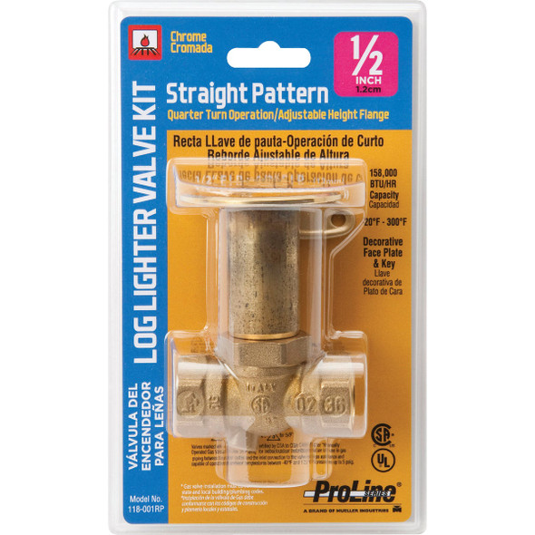 ProLine Straight Pattern 158,000 BTU Chrome Plated Brass Log Lighter Gas Valve