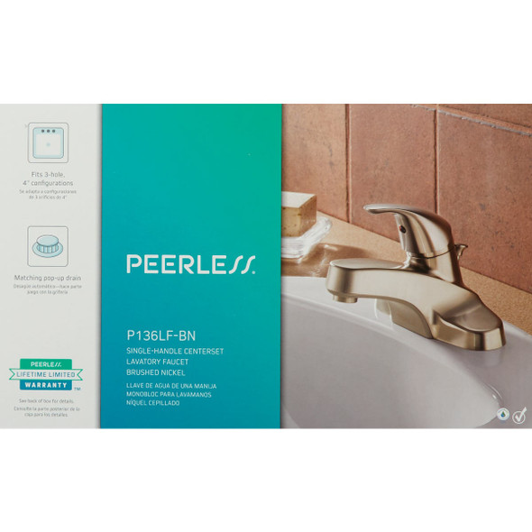 Peerless Brushed Nickel 1-Handle Lever 4 In. Centerset Bathroom Faucet with Pop-Up Peerless Brushed Nickel 1-Handle Lever 4 In. Centerset Bathroom Faucet with Pop-Up