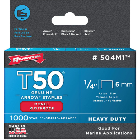 Arrow T50 Heavy-Duty Monel Staple, 1/4 In. (1000-Pack) 504M1